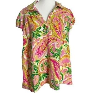 Caribbean Joe Pink Paisley Cap Sleeve Collared Blouse